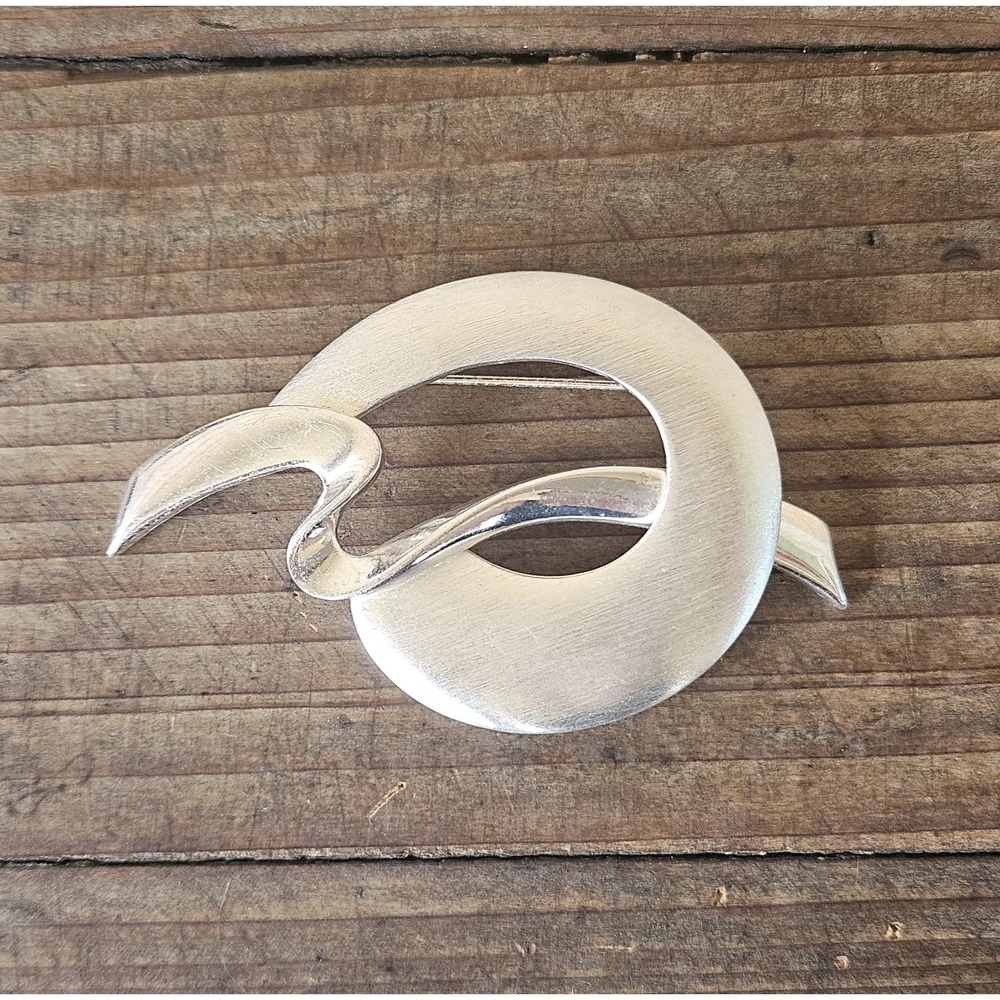 Vintage MCM Abstract Satin Silver Toned Swirl Brooch 2.75" W